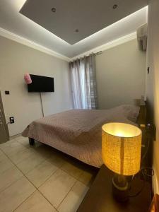 a bedroom with a bed and a lamp in it at Serenity apartment in Pyrgos