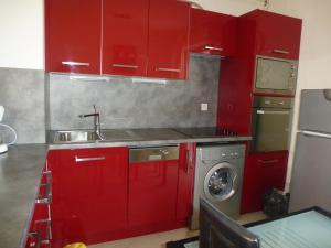 eine rote Küche mit einer Spüle und einer Waschmaschine in der Unterkunft Appartement Villeneuve Loubet in Villeneuve-Loubet