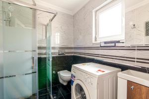 ein Badezimmer mit einer Waschmaschine und einem WC in der Unterkunft Chic Apartment in Balat, Fatih with Balcony in Istanbul