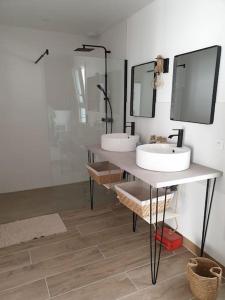 y baño con 2 lavabos y ducha. en Maison neuve proche du lac de Léon et de l'Océan, en Vielle-Saint-Girons