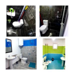 a collage of four pictures of a bathroom at Camping SuperPanorama in Kukës