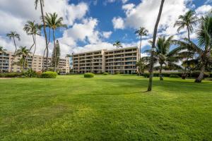 a park with palm trees in front of a building at Koa Lagoon 506 in Kihei