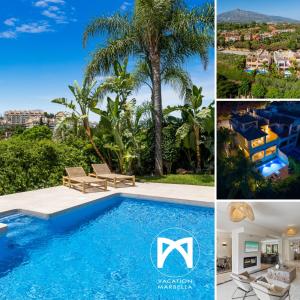 un collage de fotos con piscina y villa en VACATION MARBELLA I Villa Vasari, Near Marina, Private Pool, Rooftop Views, Big Groups, en Marbella