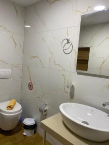 a bathroom with a sink and a toilet and a mirror at Villa Juli Ksamil in Ksamil