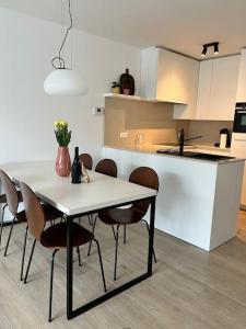 米德爾克爾克的住宿－Gezinsappartement in Middelkerke - Noort-C，一间厨房,里面配有桌椅