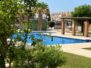 a swimming pool with palm trees and a building at Bonito bajo con gran terraza in San Juan de Alicante