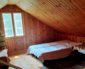 een slaapkamer met een bed op een houten zolder bij Lakefront Log House and Sauna in Ginučiai
