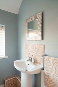 a bathroom with a sink and a mirror at Cottage Lawn Apartment in Enniskillen +27 photos