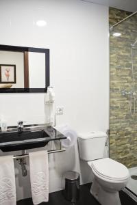 a bathroom with a toilet and a sink and a mirror at La Casa de los Faroles in Córdoba