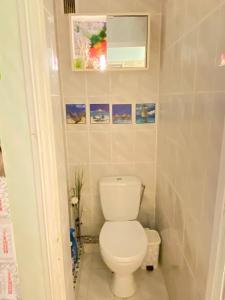 La salle de bains est pourvue de toilettes et de peintures murales. dans l'établissement Комната с лоджией у Татьяны, à Jurmala