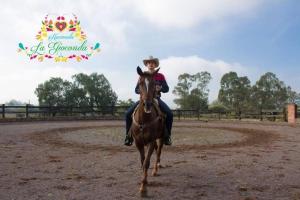Nopala的住宿－Hacienda La Gioconda，骑着马在泥土路的人