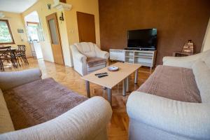 uma sala de estar com sofás, uma mesa e uma televisão em Crystal em Ohrid
