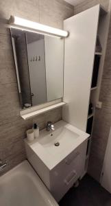 Baño blanco con lavabo y espejo en Appartement 20m², tout confort, entièrement rénové en Prémanon