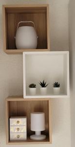 a shelf with three plants in pots and a lamp at Appartement 20m², tout confort, entièrement rénové in Prémanon