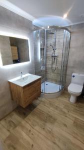 a bathroom with a shower and a sink and a toilet at Stare Miasto in Kłodzko
