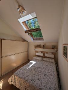 1 dormitorio con 1 cama y tragaluz en Apartment in the woods en Pila