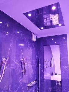 a purple bathroom with a shower and a mirror at La suite Miroir, Love Room in Bouc-Bel-Air