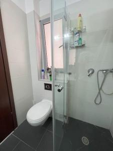 La salle de bains est pourvue de toilettes et d'une cabine de douche en verre. dans l'établissement Luxury sea view apartment, à Tel Aviv