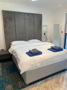 ダブリンにあるBeautiful garden apartment with private patio and garden viewのベッドとタオル2枚のある寝室