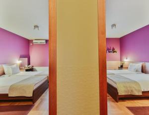 Vrnjačka Banja的住宿－Apartmani Lenka，紫色墙壁客房的两张床