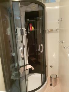 um chuveiro com uma porta de vidro na casa de banho em Tirana Central Apartment em Tirana