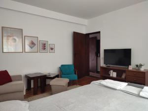 1 dormitorio con 1 cama, TV y silla en Apartment MILA city center-free parking en Vranje