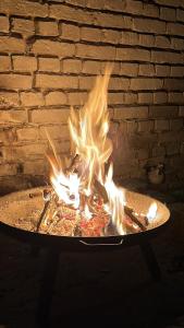 a pizza oven with a fire inside of it at Remise-Berlin-Grünau your cozy and comfortable home to stay for up to 6 people between Müggelsee and Berlin city in Berlin