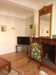 a living room with a fireplace and a mirror at Chez Irène in Mirande