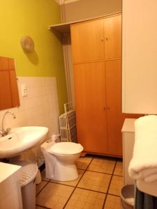 a bathroom with a white toilet and a sink at Chez Irène in Mirande
