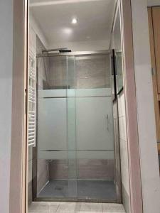 uma cabina de duche ao nível do chão em vidro na casa de banho em Palombino Apartment em Milão