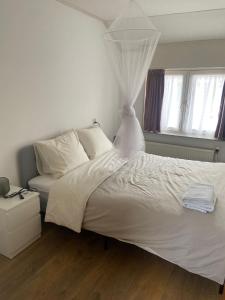 Aangename en zeer rustig gelegen vakantiewoning في Westdorpe: غرفة نوم بسرير أبيض مع مظلة