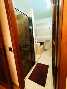 a bathroom with a shower and a glass door at casa Virginia nel borgo in Lierna +21 photos