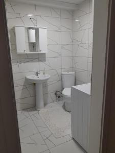La salle de bains blanche est pourvue d'un lavabo et de toilettes. dans l'établissement Luxsary Home in Skopje, à Skopje
