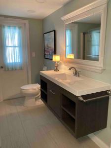 La salle de bains est pourvue d'un lavabo, de toilettes et d'un miroir. dans l'établissement Stylish & Cheerful Marco Home w/ Awesome Location, à Marco Island