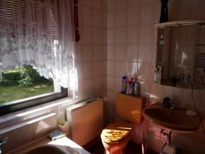 baño con aseo y lavabo y ventana en Ferienhaus Pulsberg I gesamtes Haus I inklusive 1300qm Grundstück en Spremberg