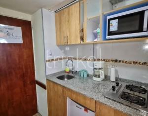 a kitchen with a sink and a microwave at Dto Triskel con vista al lago in San Carlos de Bariloche