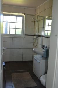 a bathroom with a sink and a toilet and a window at Yacht im Schiffehaus in Wangerland