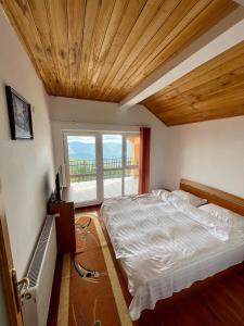 a bedroom with a large bed and a window at Casa de vacanta trei brazi in Ranca