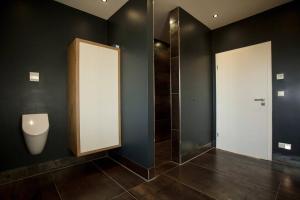een badkamer met een urinoir en een kraam met een deur bij Ruhige, moderne Villa im Grünen 