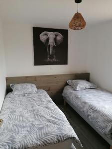a bedroom with two beds and a picture of an elephant at Les Magnolias in Tourville-la-Chapelle