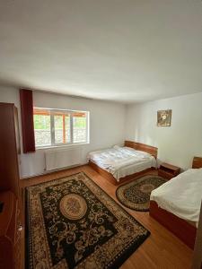 a bedroom with two beds and a rug at Casa de vacanta trei brazi in Ranca