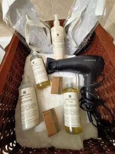 a box with four bottles of moisturizers and a hair dryer at casa Virginia nel borgo in Lierna