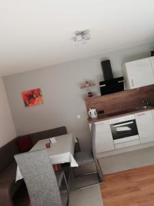 een kleine woonkamer met een tafel en een keuken bij Apart Studio Bergdiamant in Piösmes