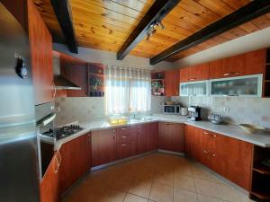 duża kuchnia z drewnianymi szafkami i drewnianym sufitem w obiekcie Vila Mellis w mieście Duga Resa