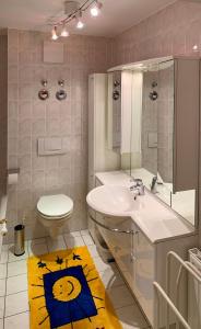 W łazience znajduje się umywalka, toaleta i lustro. w obiekcie Ferienwohnung Kranichnest w mieście Neubrandenburg