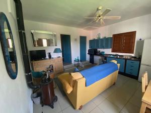 Una sala de estar con un sofá y una cocina. en La Casa Palmera - Caminito Del Rey, en Pizarra