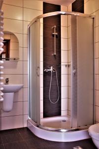 a bathroom with a shower and a sink at Gościniec u Obrochtów in Zakopane