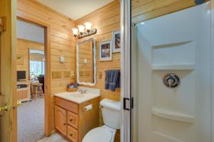 a bathroom with a toilet and a sink and a mirror at Woodland Cabin with Fishing, ATV and Snowmobile Trails in Lake Nebagamon +22 photos