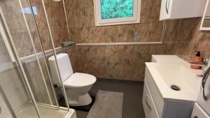 uma casa de banho com um WC e um lavatório em Stuga paradis em Orkelljunga