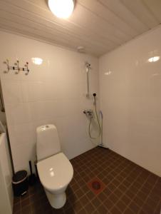 a bathroom with a white toilet in a room at New studio near amenities in Nilsiä